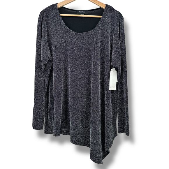 Karen Kane Metallic Sparkle Asymmetric Hem Shirt Plus Size 2X Black Silver - Picture 1 of 7